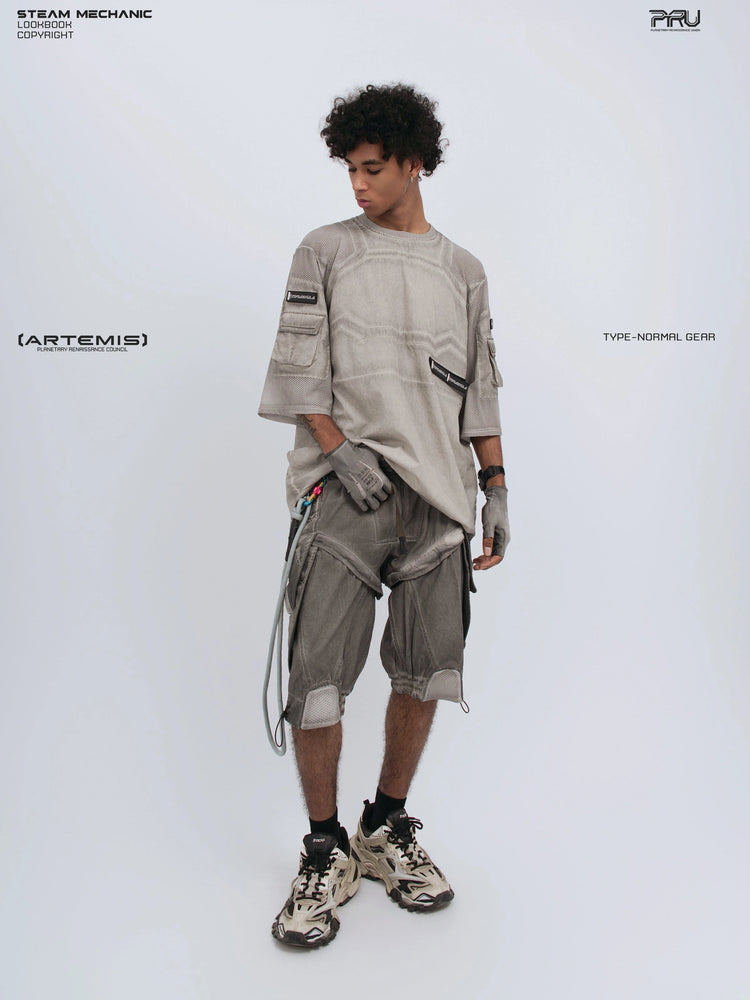 STARCORE xirang brown velcro mesh tee — full-length front modeled view lifting the hem on one side