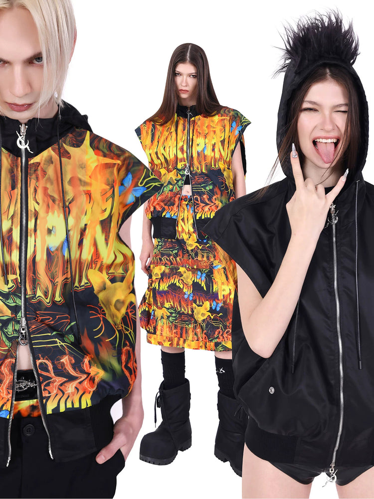 PINKSPINK FIRE CAT reversible mohawk hooded vest — cleaned hero collage showing the complete design