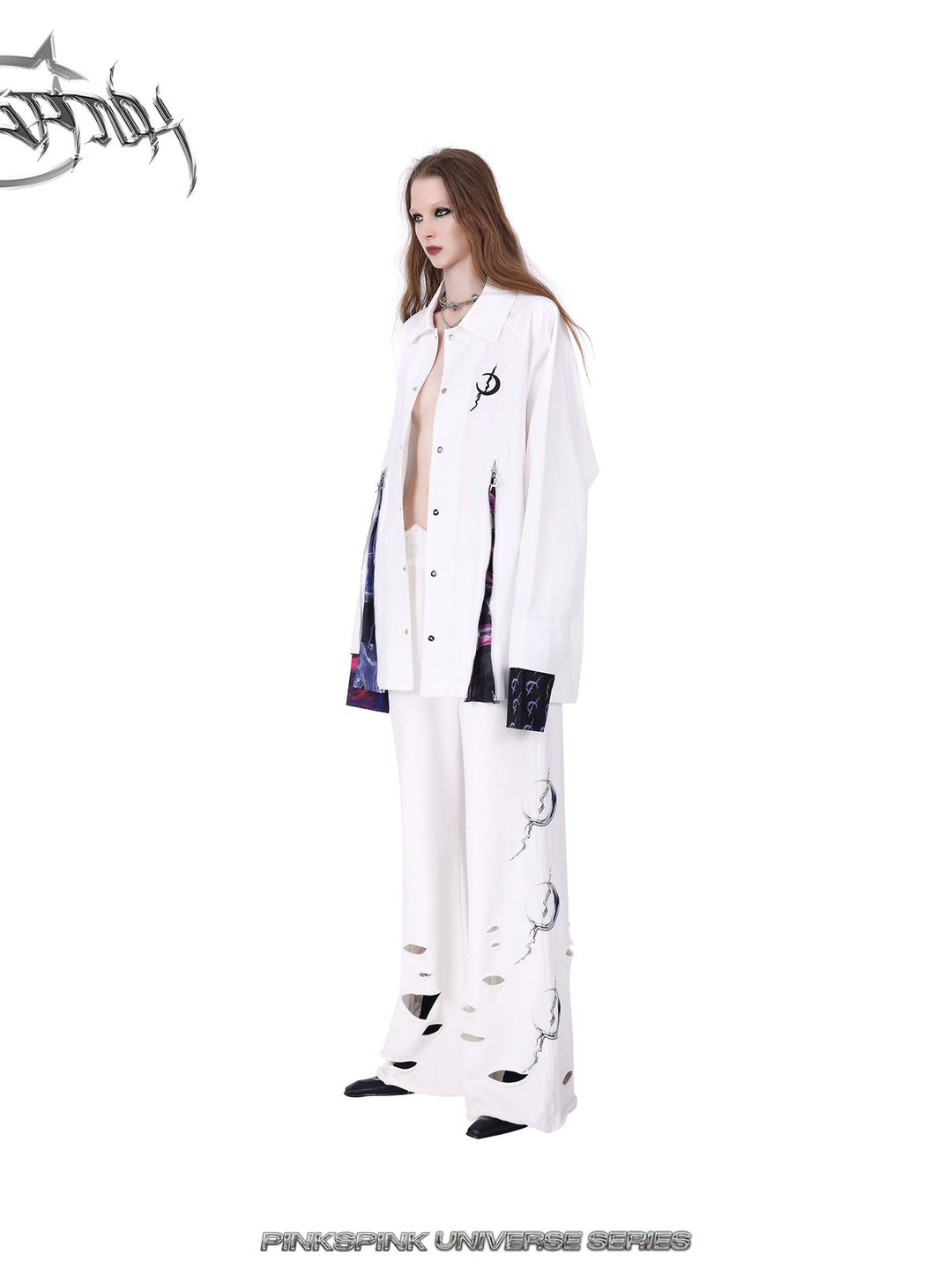 PINKSPINK COSMOS zip-panel white trench coat in white — opposite-angle modeled view with white pants