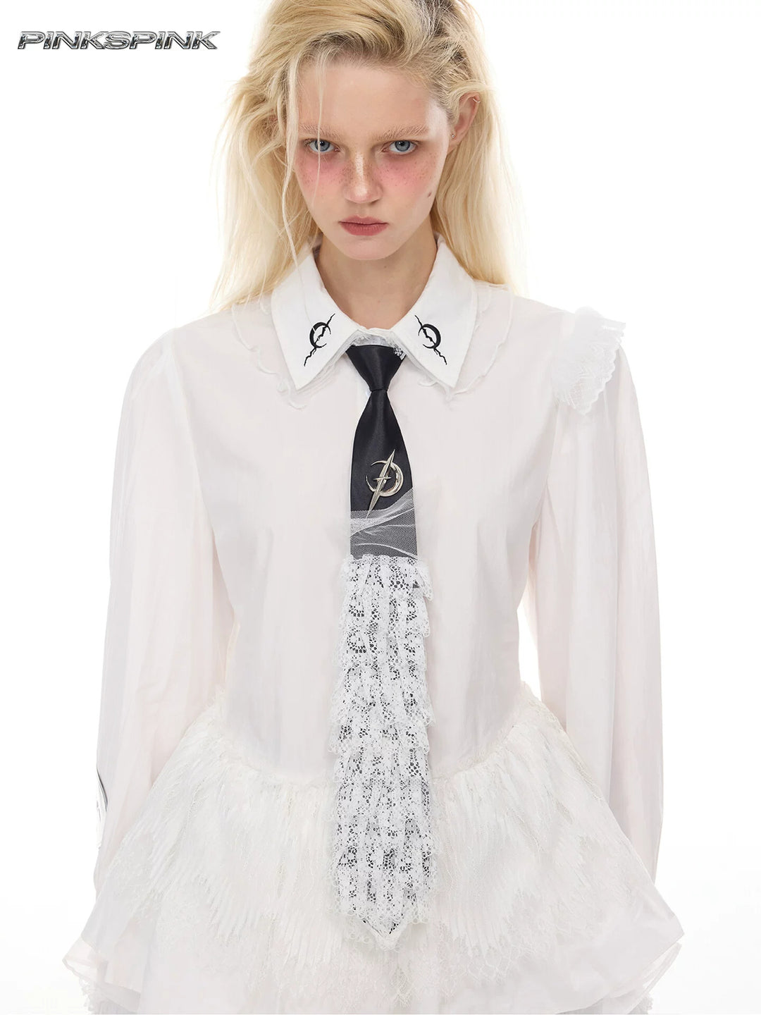 PINKSPINK ELECTRIC MOON punk-ballet lace tie — cleaned hero collage showing the complete design