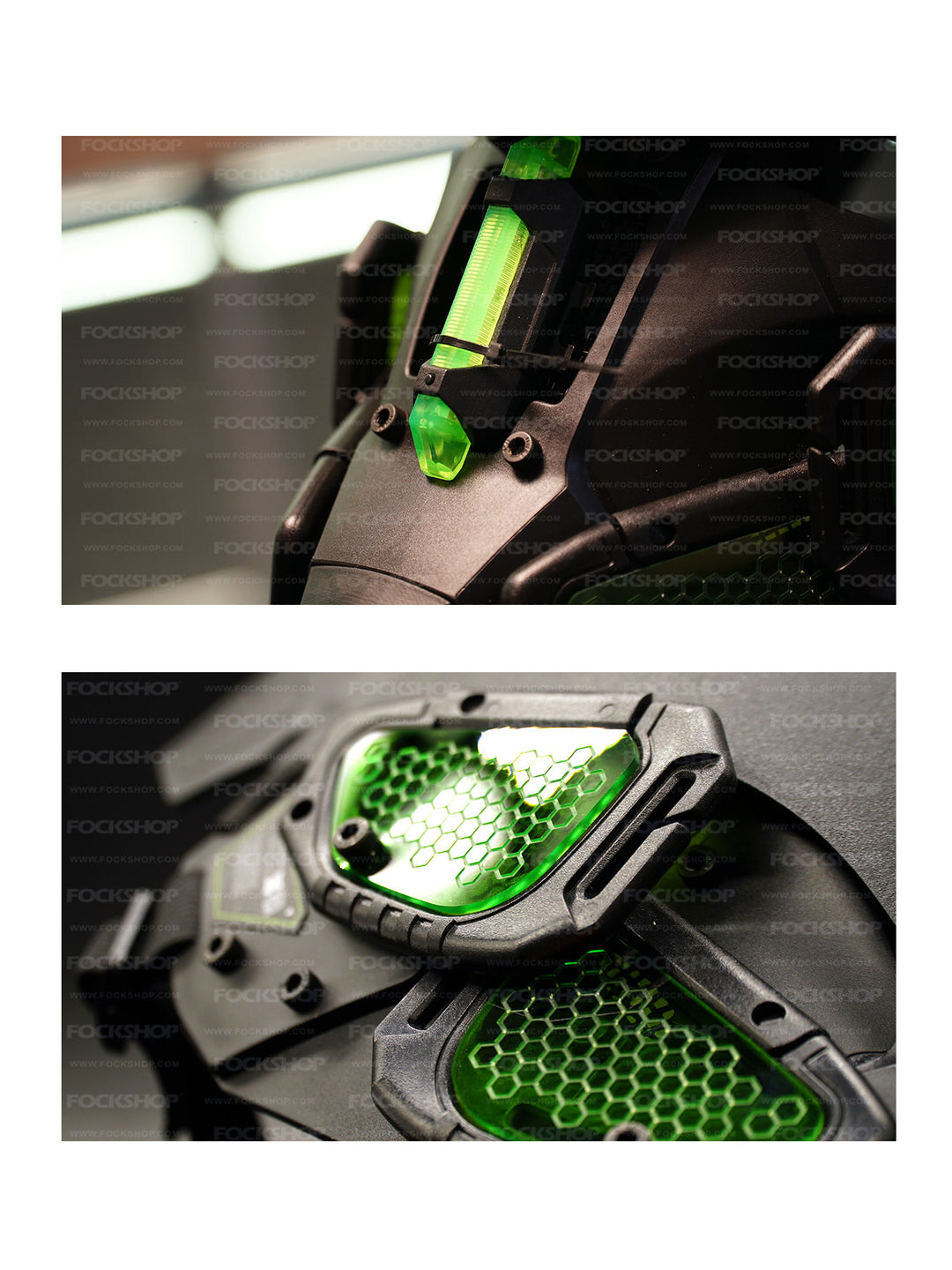 FOCKSHOP PROPHECY illuminated cyber mask — original close-ups of the green light tube and honeycomb cheek panels