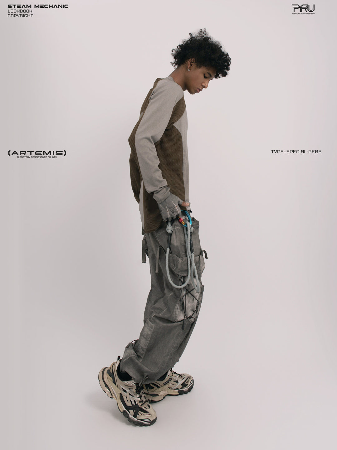 STARCORE ash tundra mesh-panel long-sleeve top b — full-length side modeled view