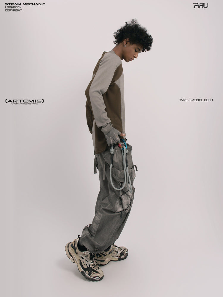 STARCORE ash tundra mesh-panel long-sleeve top b — full-length side modeled view