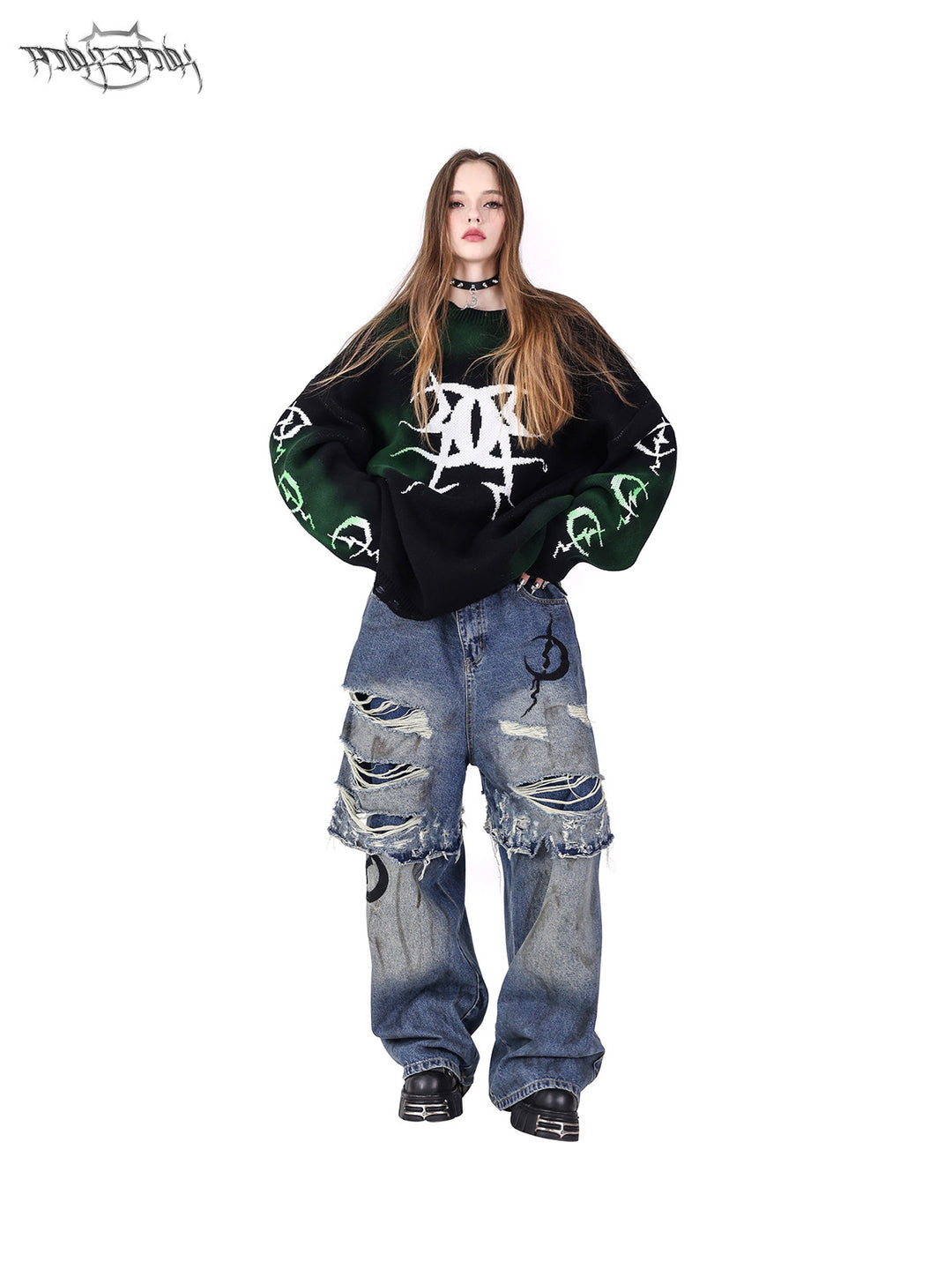 PINKSPINK ELECTRIC MOON graffiti color-block sweater — alternate angle showing the shape and finish