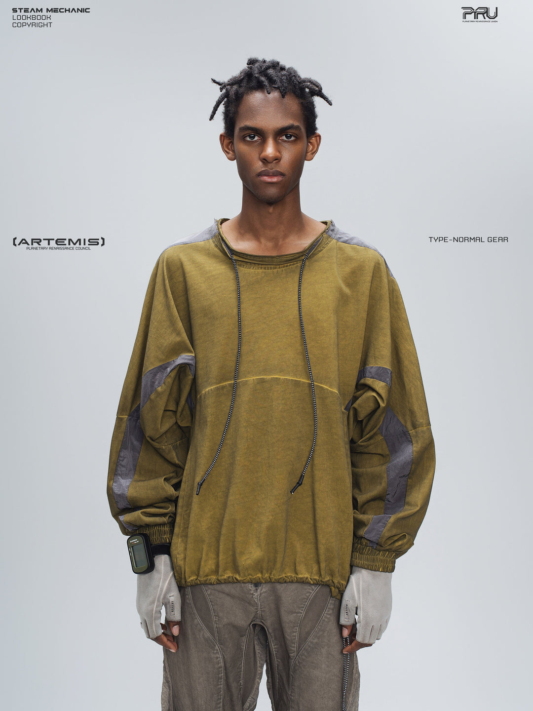 PIONEER mars yellow drawstring commuter sweatshirt — front modeled product view