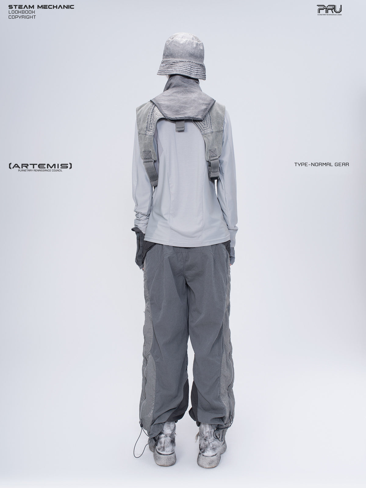 ARTEMIS moon dust gray stretch technical base-layer top — full-length back modeled view with layered vest