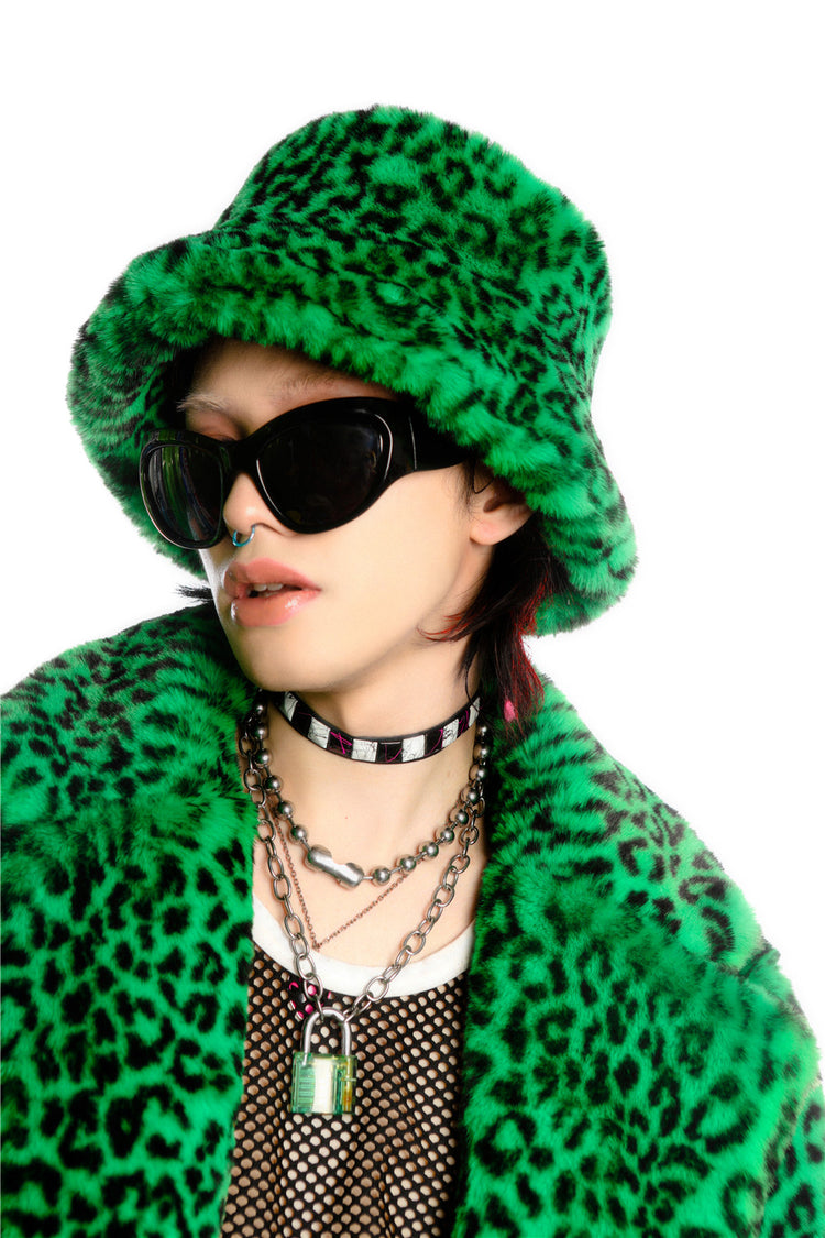 DEADENDKIDS LEOPARD RIOT long faux-fur coat & hat — alternate modeled angle