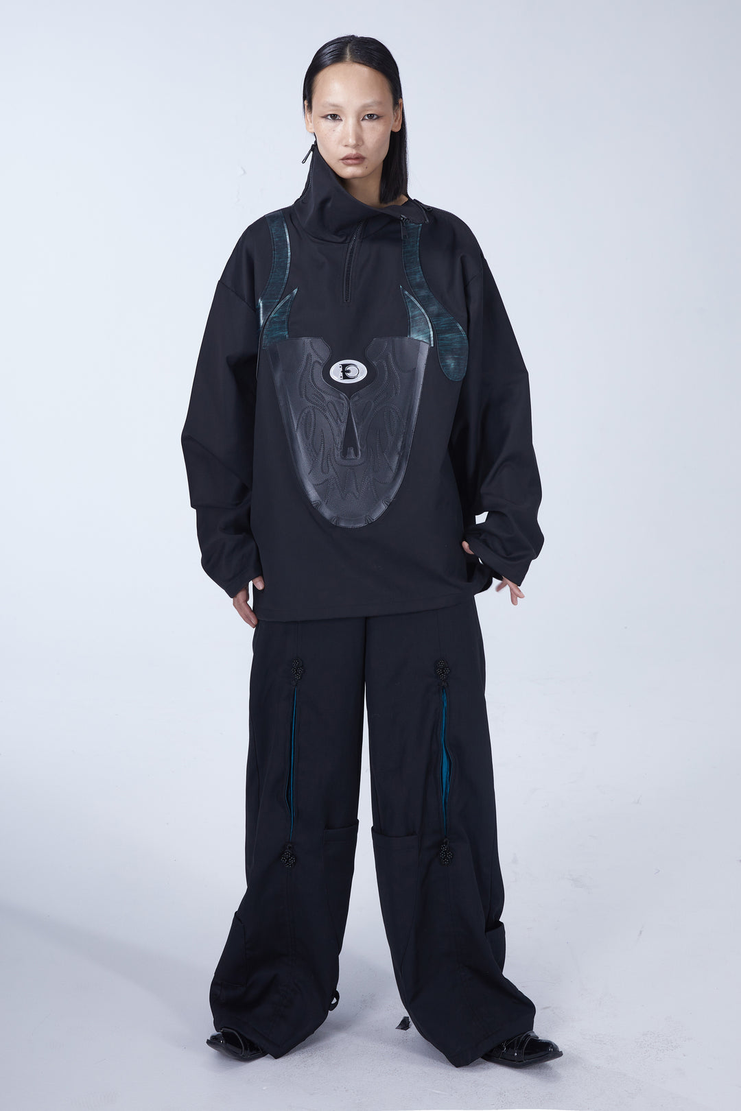 EMBRYO SHOE COLLAR asymmetrical sweatshirt — full-length modeled view