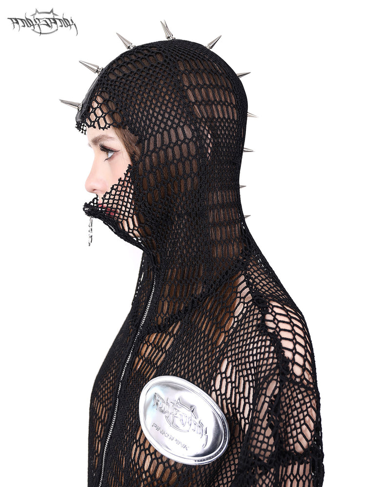 PINKSPINK ELECTRIC MOON spiked open-mesh zip hoodie in black — profile hood detail showing the metal spikes and irregular open mesh