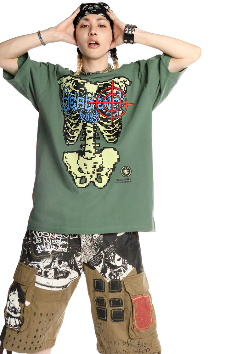 DEADENDKIDS SKELETON RIOT oversized graphic tee — material and print detail