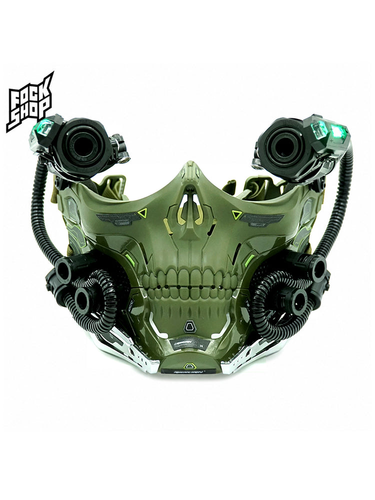 FOCKSHOP STARPOLE skull cyber mask — army green illuminated mask with skull detailing and a black fabric base hood