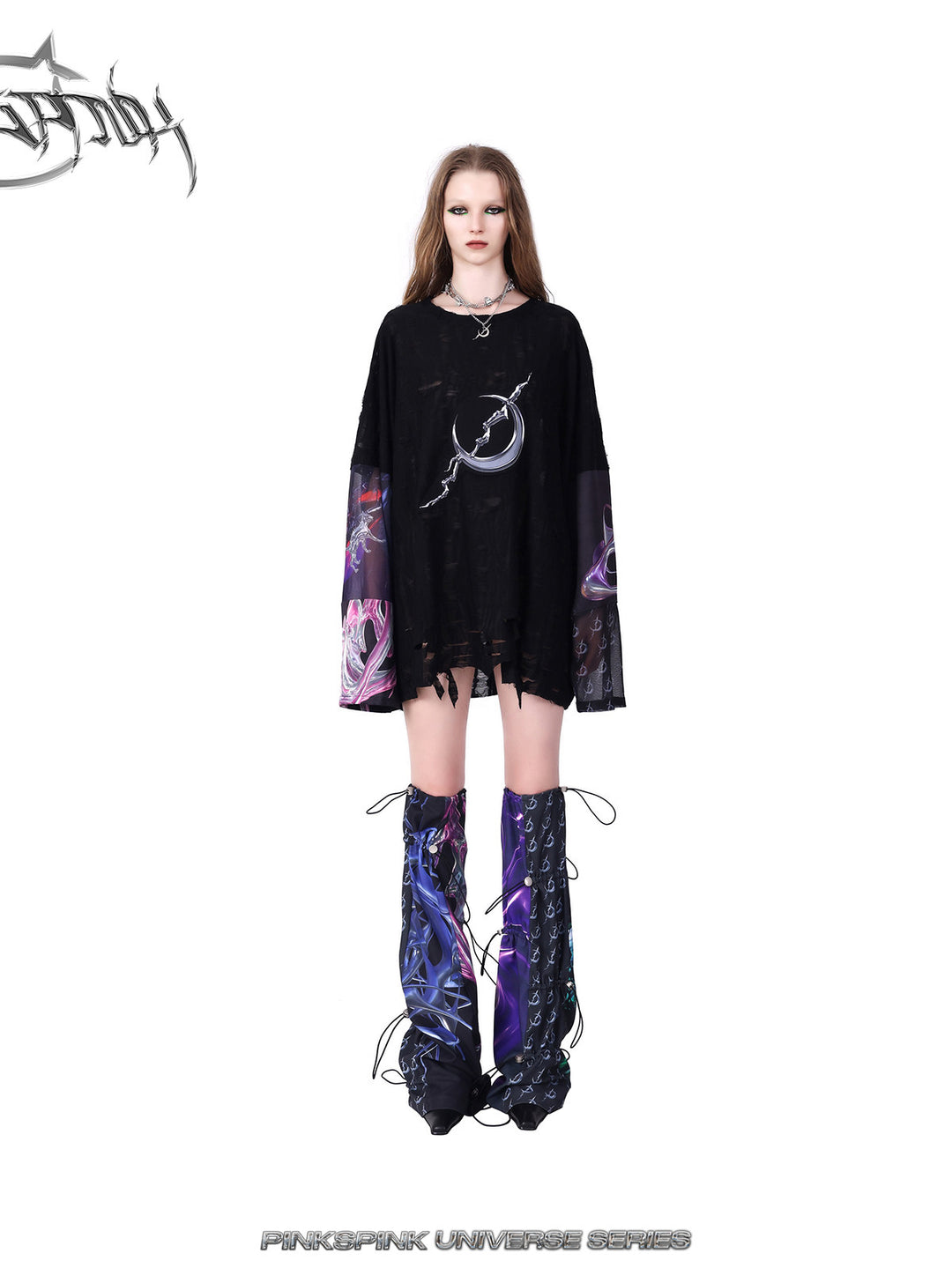 PINKSPINK COSMOS drawcord patchwork leg warmers in black purple multicolor — front full-length modeled view corresponding to the hero photograph