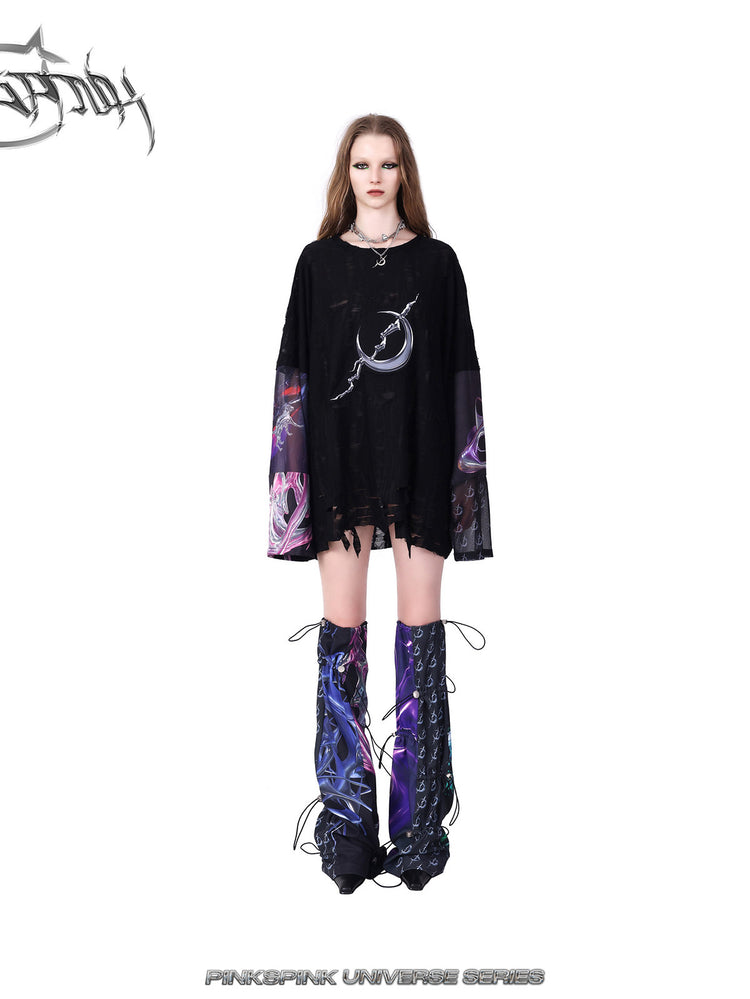PINKSPINK COSMOS drawcord patchwork leg warmers in black purple multicolor — front full-length modeled view corresponding to the hero photograph