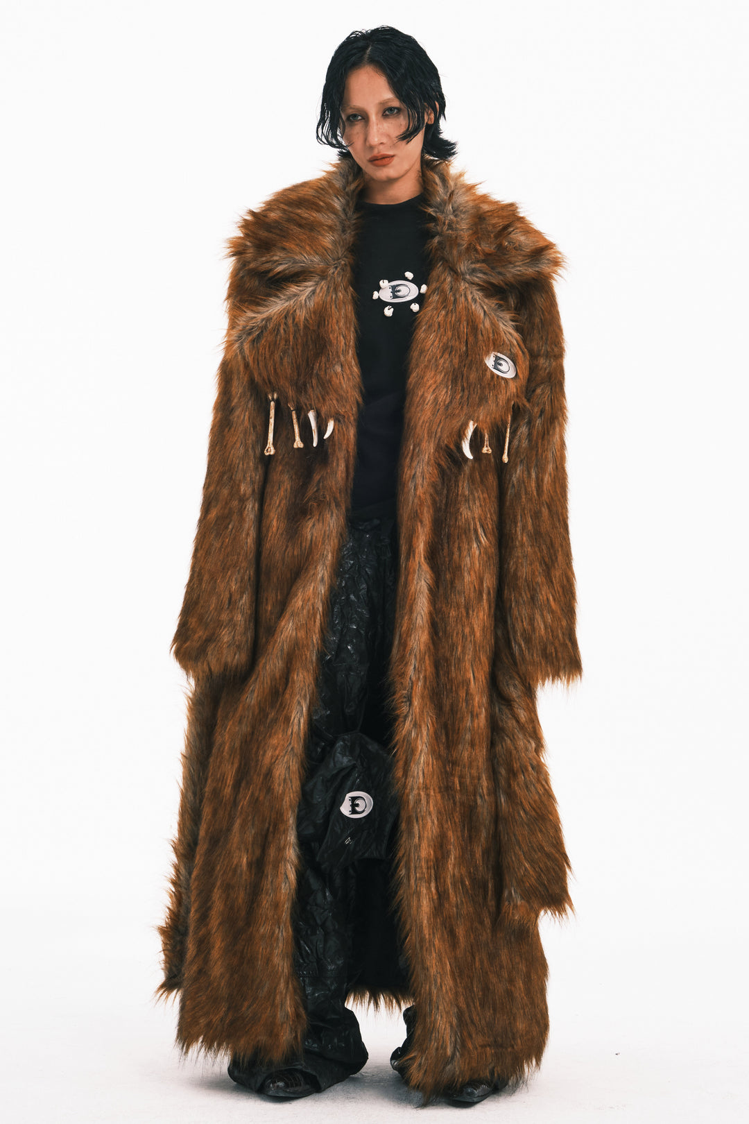 EMBRYO PRIMAL BONE extra-long faux-fur coat — full-length modeled view