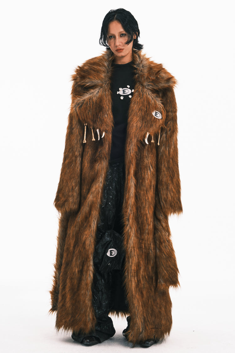 EMBRYO PRIMAL BONE extra-long faux-fur coat — full-length modeled view