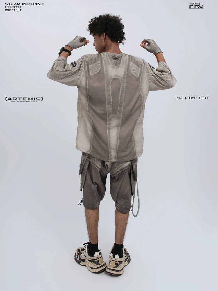 STARCORE xirang brown velcro mesh tee — full-length back modeled view with arms raised