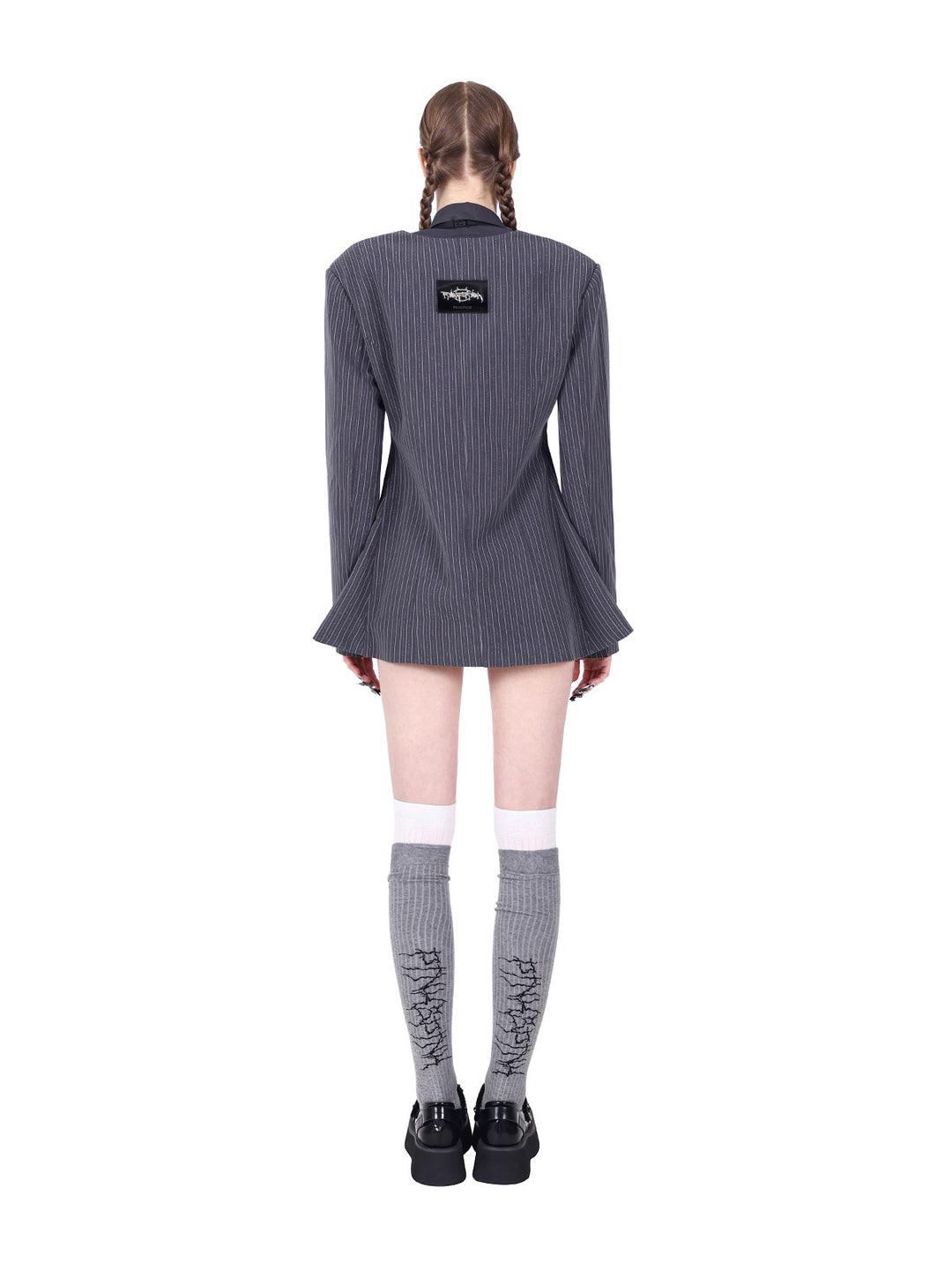 PINKSPINK ELECTRIC MOON pinstripe ring-detail blazer dress in gray pinstripe — full-length back modeled view showing the brand patch and flared hem