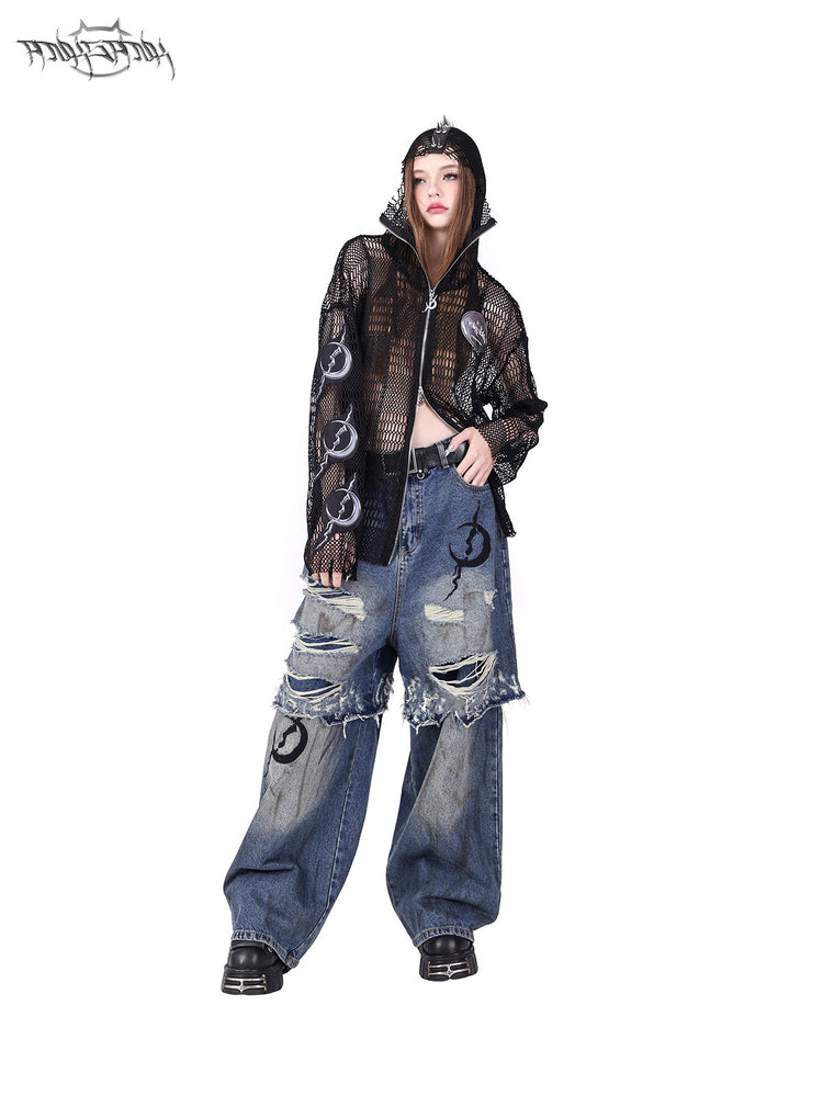 PINKSPINK ELECTRIC MOON spiked open-mesh zip hoodie in black — angled modeled view showing the sleeve patches and two-way zip