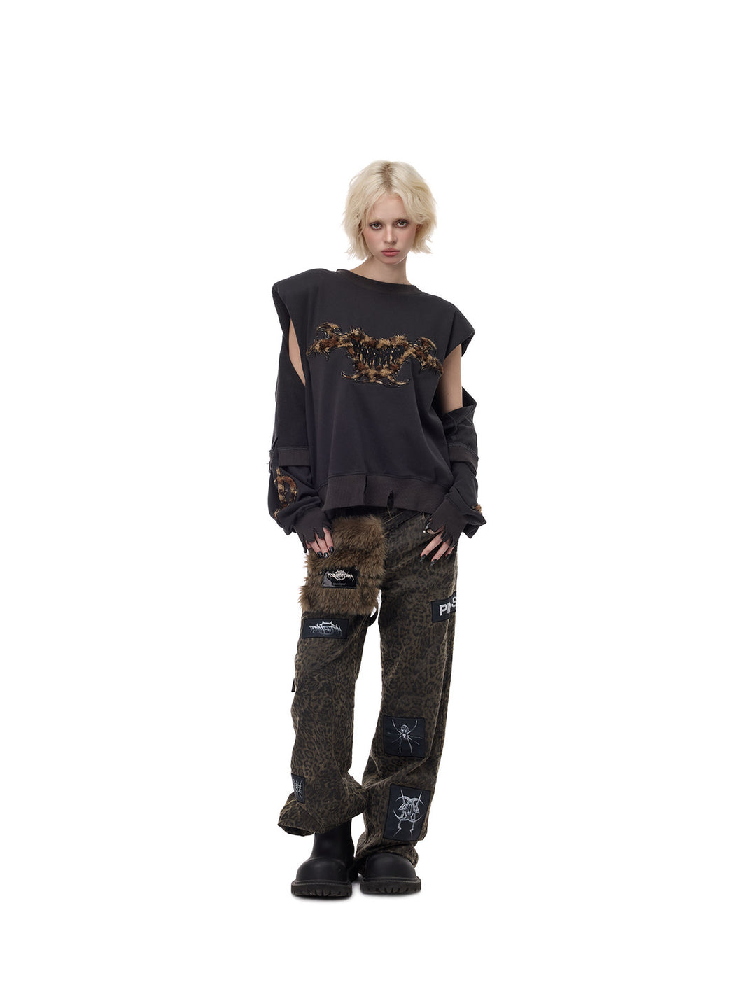 PINKSPINK LEOPARD RIOT two-way layered sweatshirt — front full-length view in sleeveless configuration