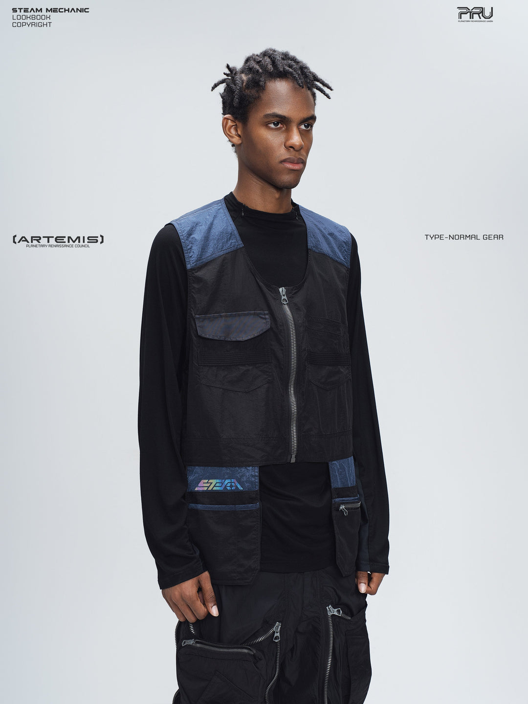 PIONEER stardust black multi-pocket technical vest — alternate modeled angle