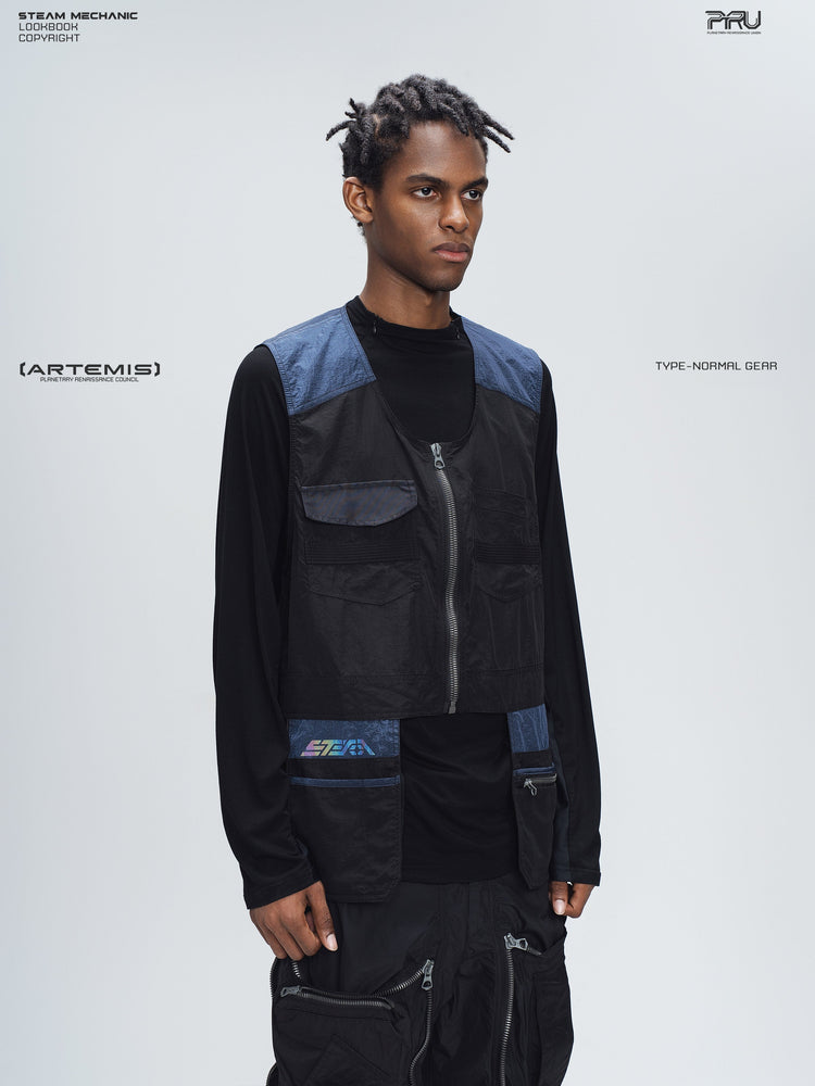 PIONEER stardust black multi-pocket technical vest — alternate modeled angle