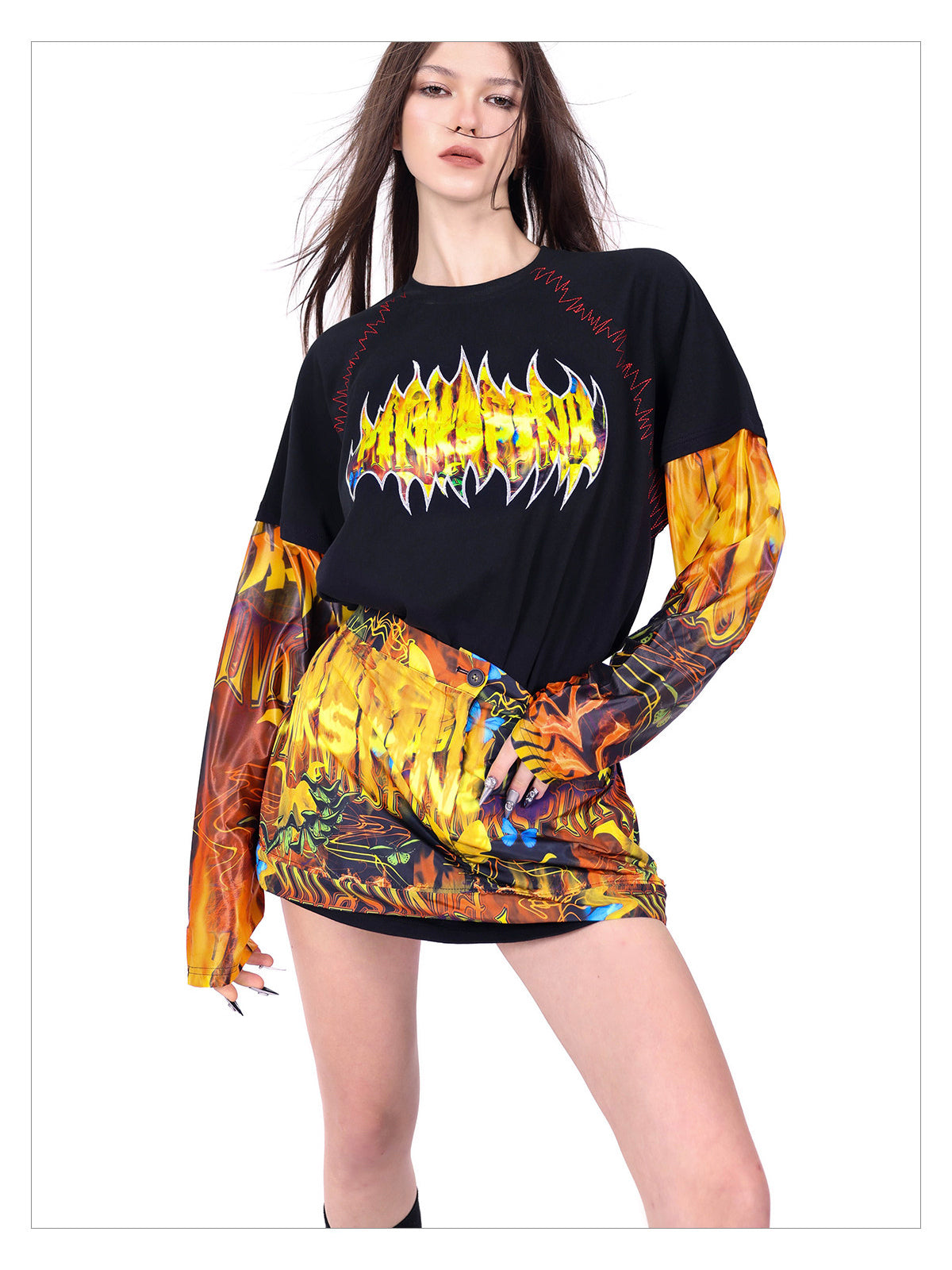 PINKSPINK FIRE CAT layered-sleeve graphic tee — full-length modeled styling view