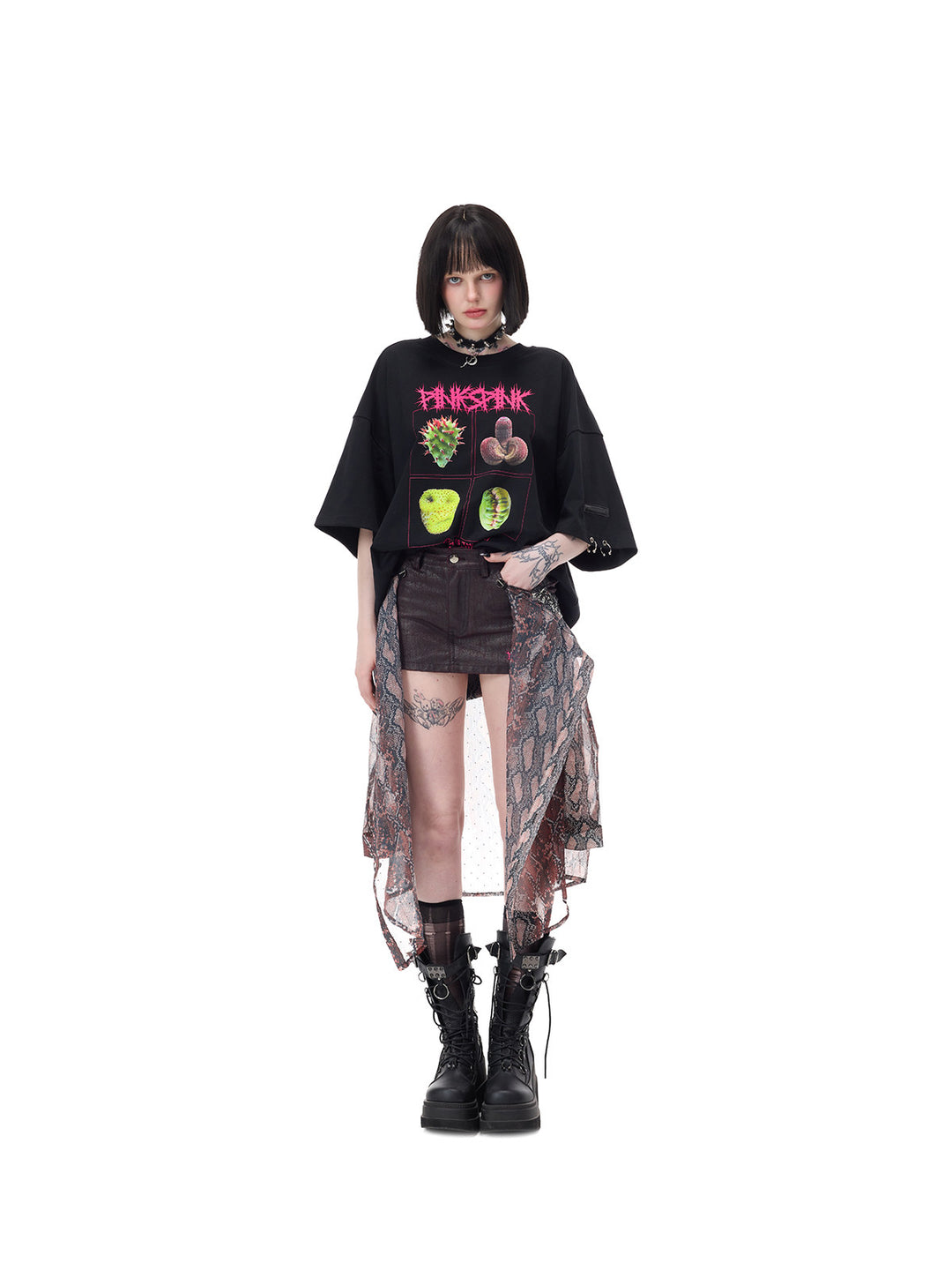 PINKSPINK VENOM rhinestone mesh shirt and mini skirt set in black and red — front modeled view of the mini skirt with the shirt tied around the waist
