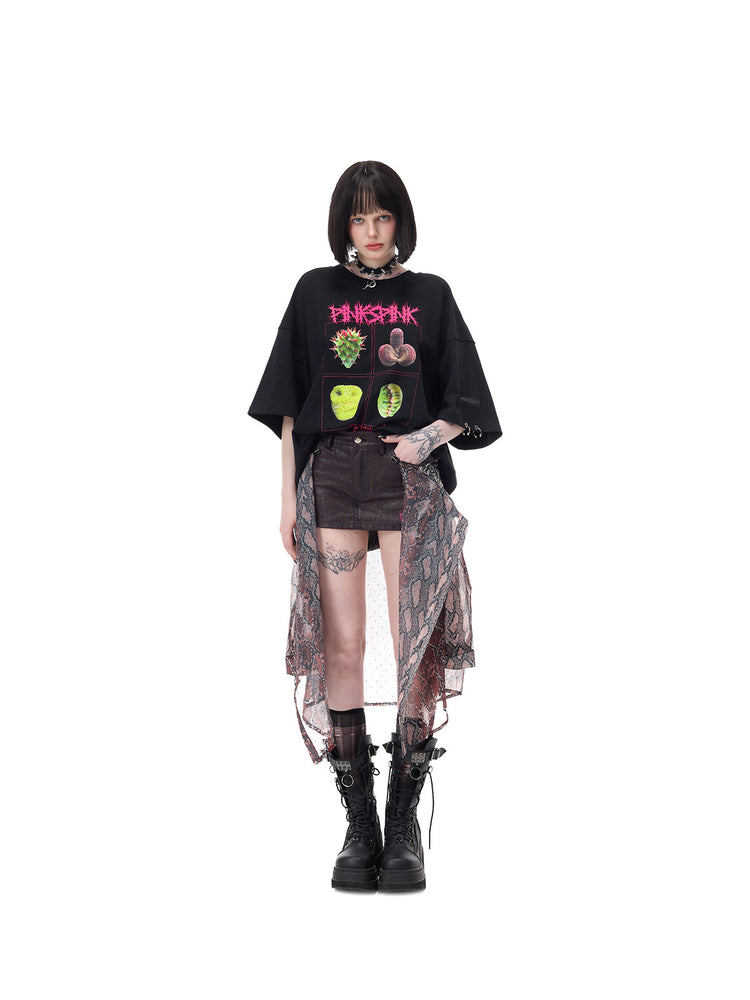 PINKSPINK VENOM rhinestone mesh shirt and mini skirt set in black and red — front modeled view of the mini skirt with the shirt tied around the waist