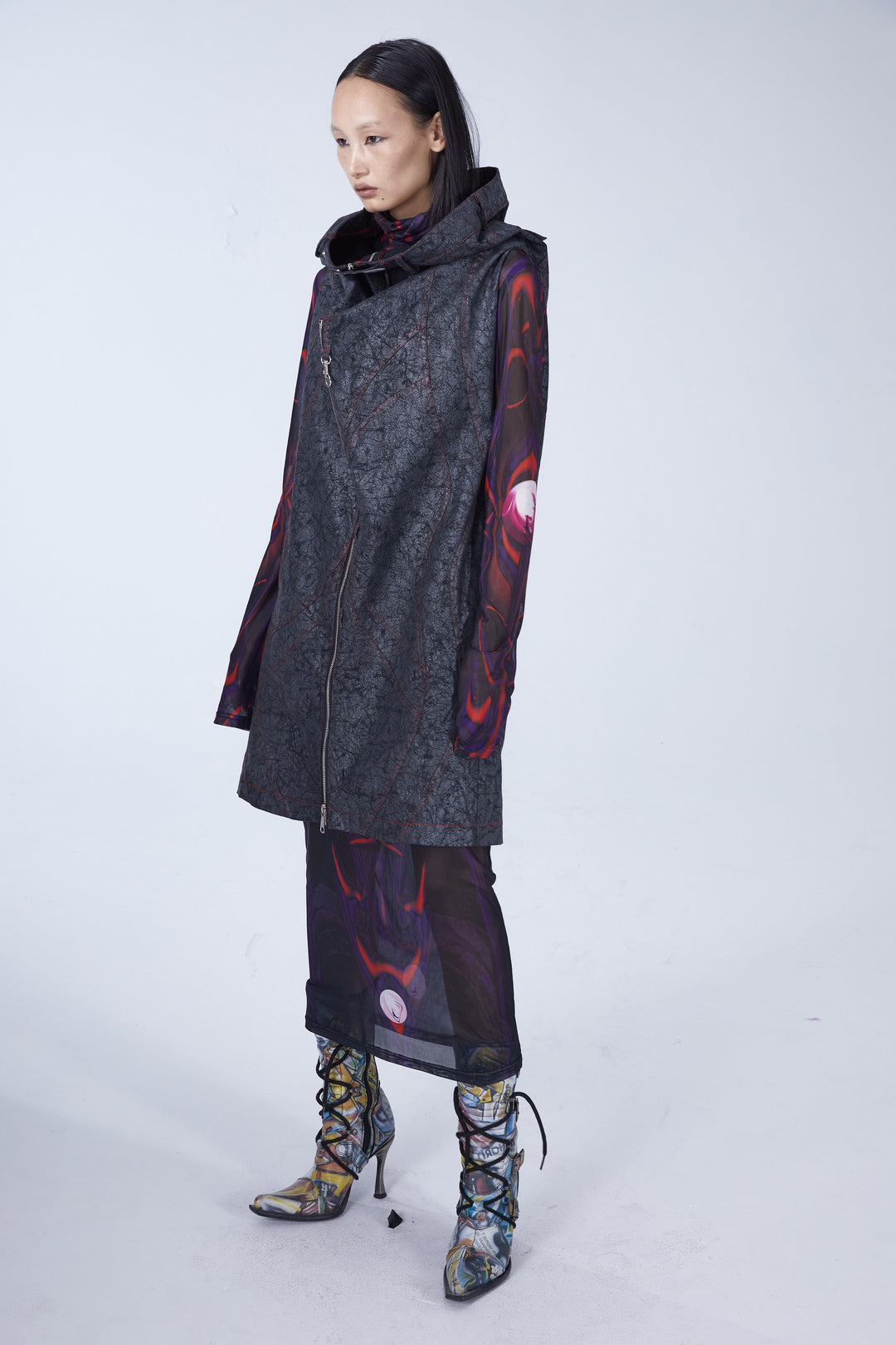 EMBRYO STRUCTURE convertible bustier & wide-leg pants — gray long-vest configuration, three-quarter view with open folded collar
