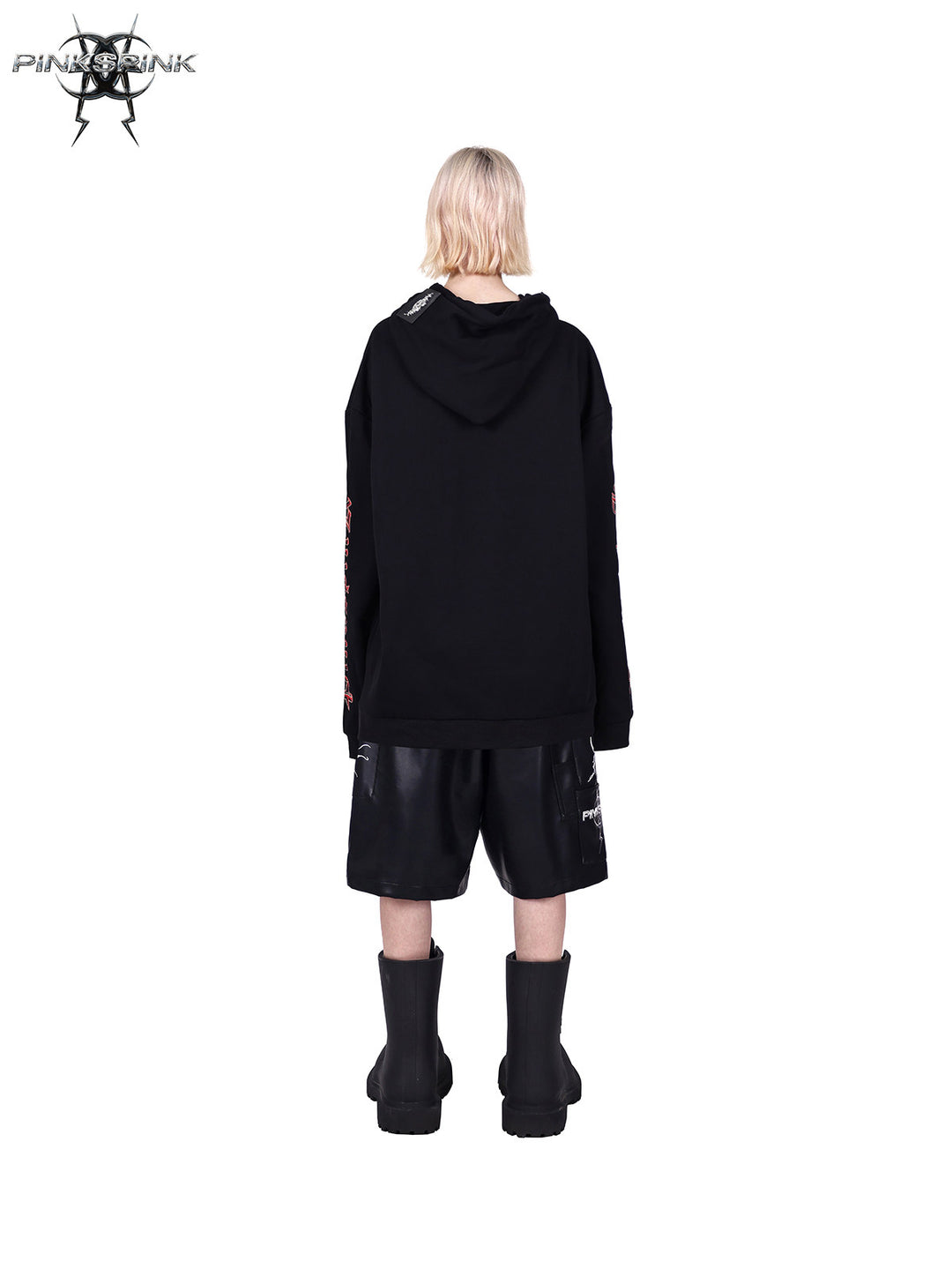 PINKSPINK MIRROR rhinestone-drawcord oversized hoodie — rear full-length modeled view in black