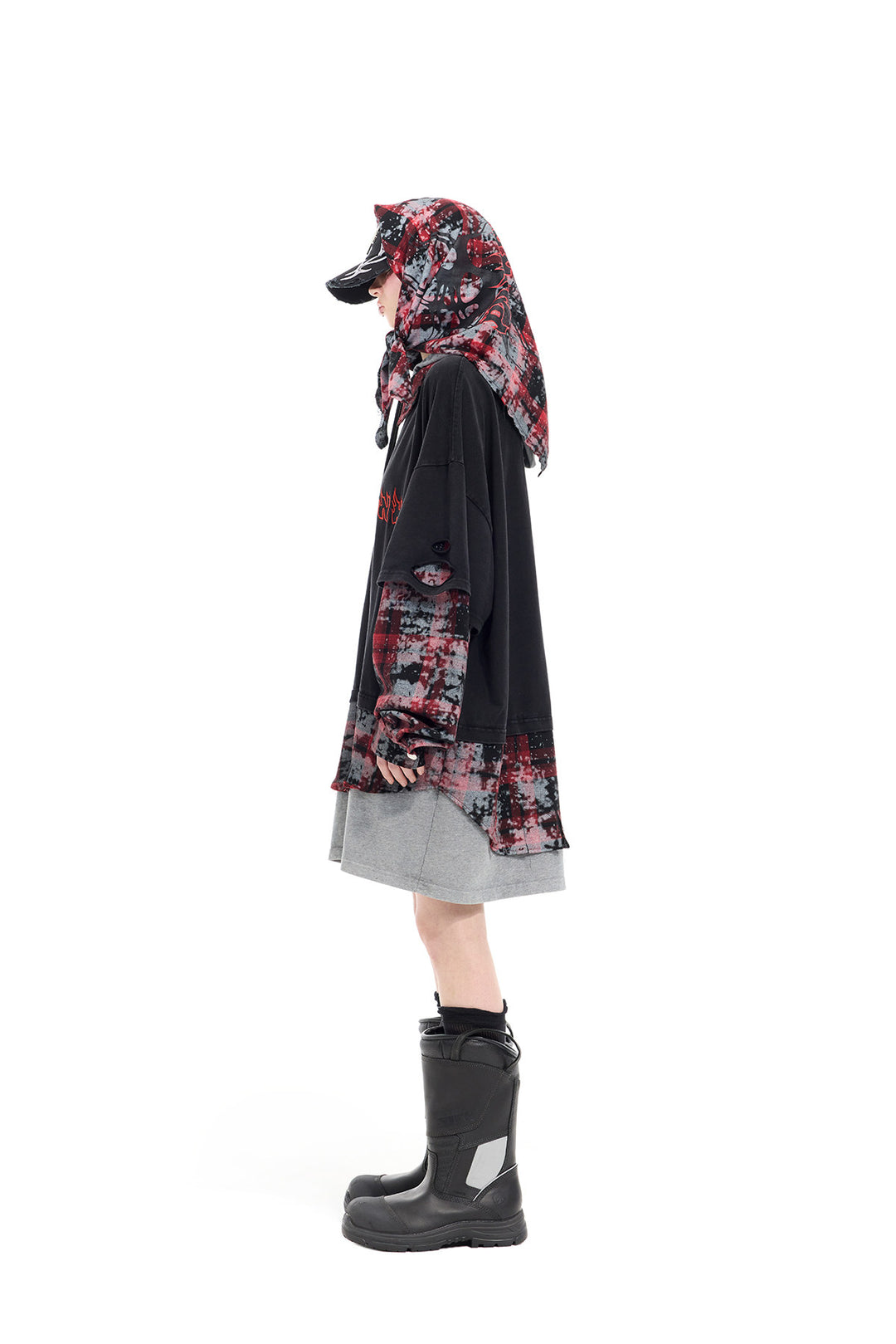 PINKSPINK REMAKE triple-layer plaid hoodie — black and red plaid hoodie — side view of staggered hems