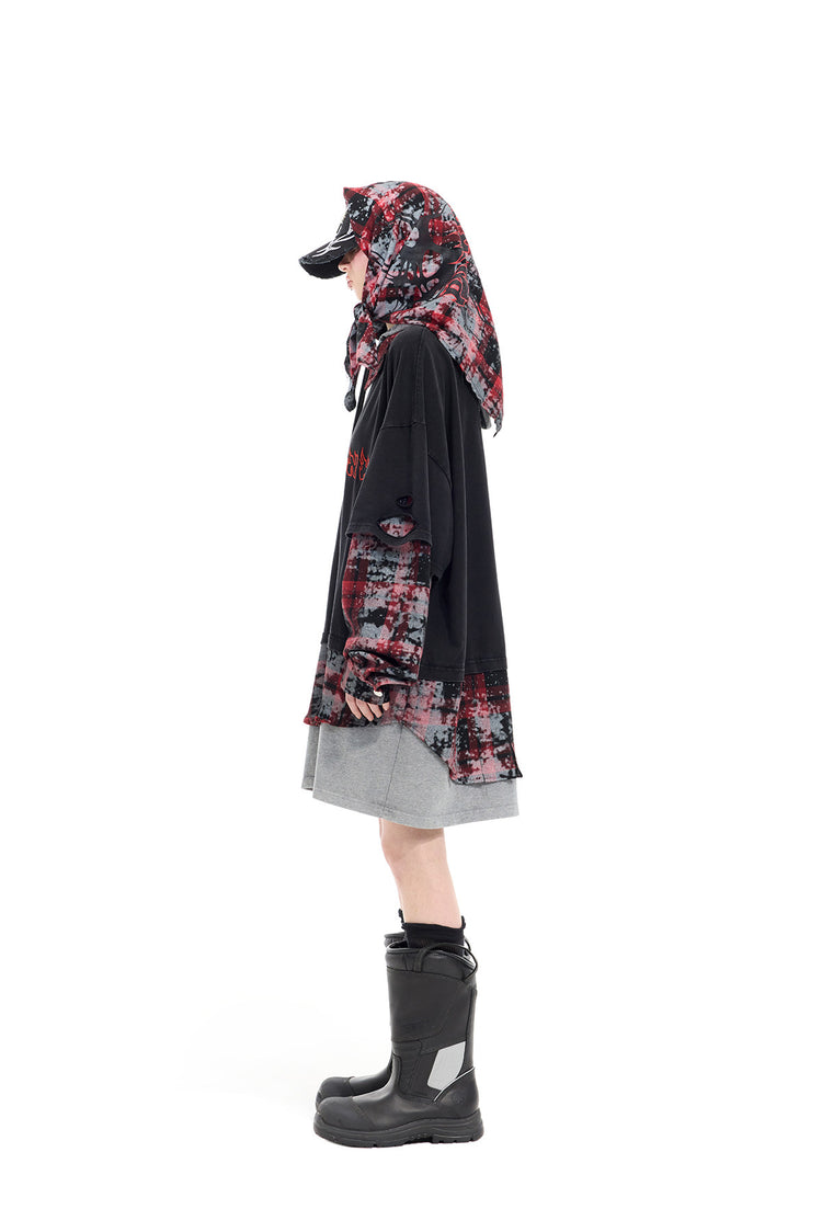 PINKSPINK REMAKE triple-layer plaid hoodie — black and red plaid hoodie — side view of staggered hems