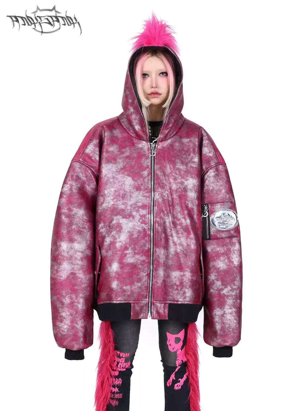 PINKSPINK COCKSCOMB mohawk padded jacket in PINK — close front view with arms down.