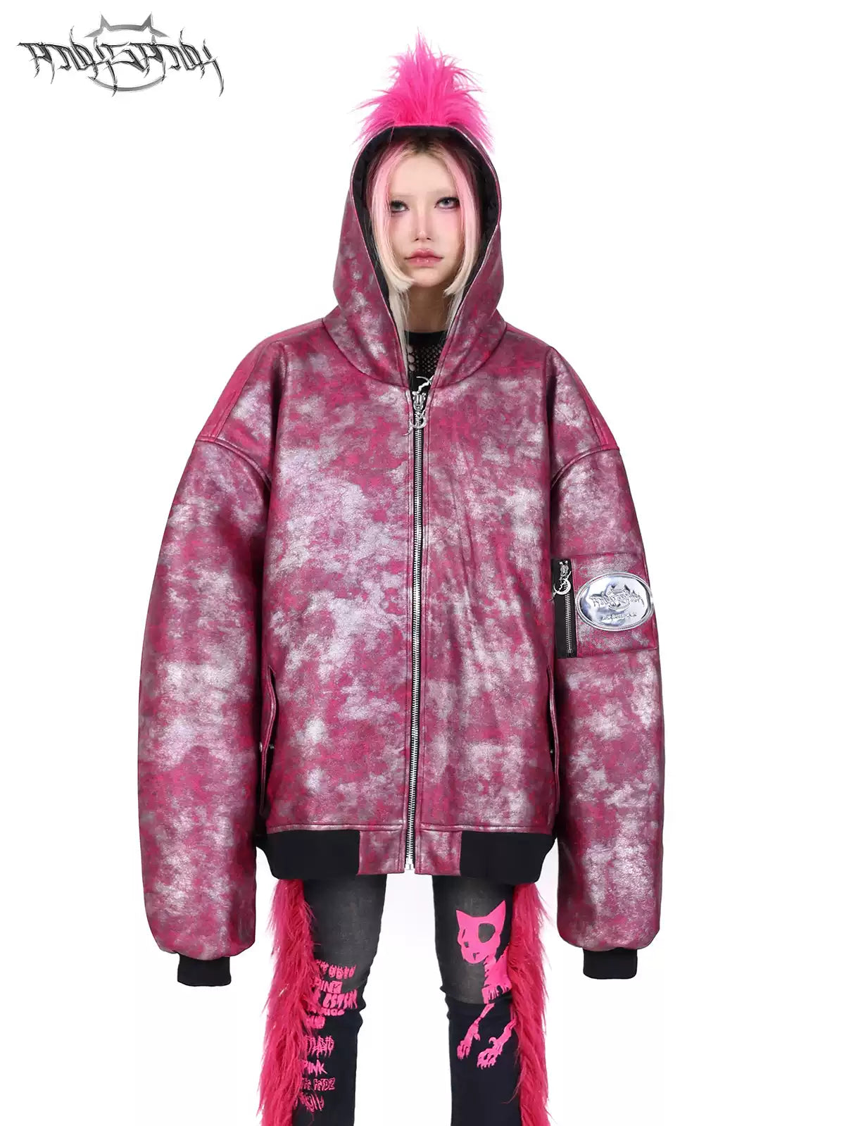 PINKSPINK COCKSCOMB mohawk padded jacket in PINK — close front view with arms down.