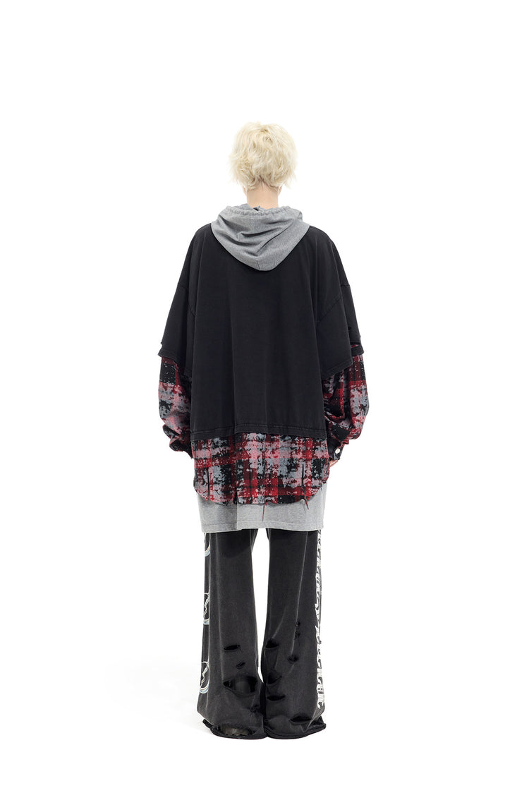 PINKSPINK REMAKE triple-layer plaid hoodie — black and red plaid hoodie — full-length back view with hood down