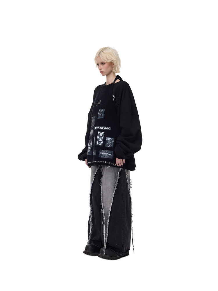 PINKSPINK ELECTRIC MOON patchwork knit layering apron — black side full-length styling over sweatshirt
