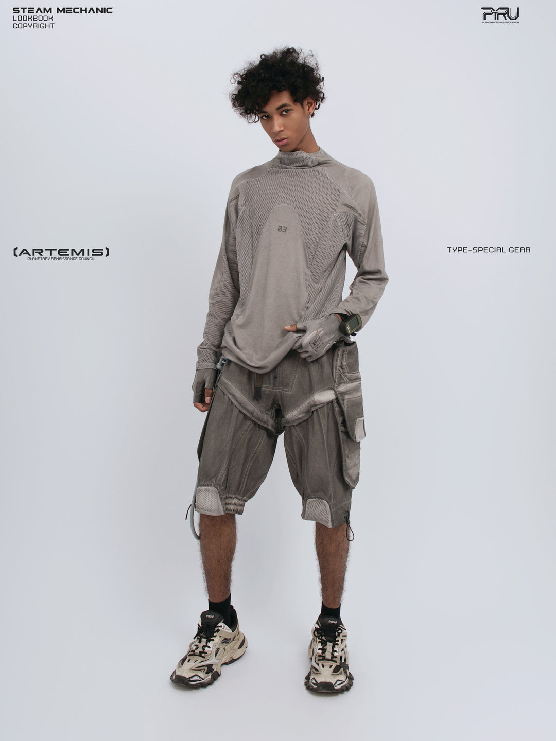 STARCORE mesh-panel long-sleeve top in dusk cloud gray — full-length three-quarter modeled view