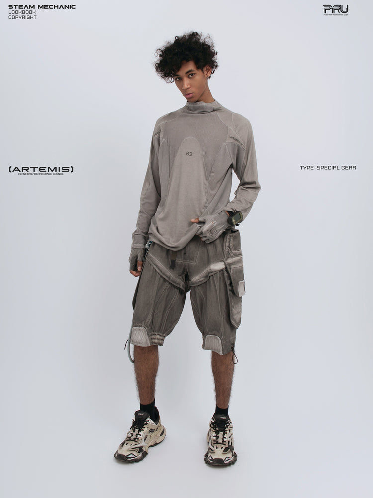 STARCORE mesh-panel long-sleeve top in dusk cloud gray — full-length three-quarter modeled view