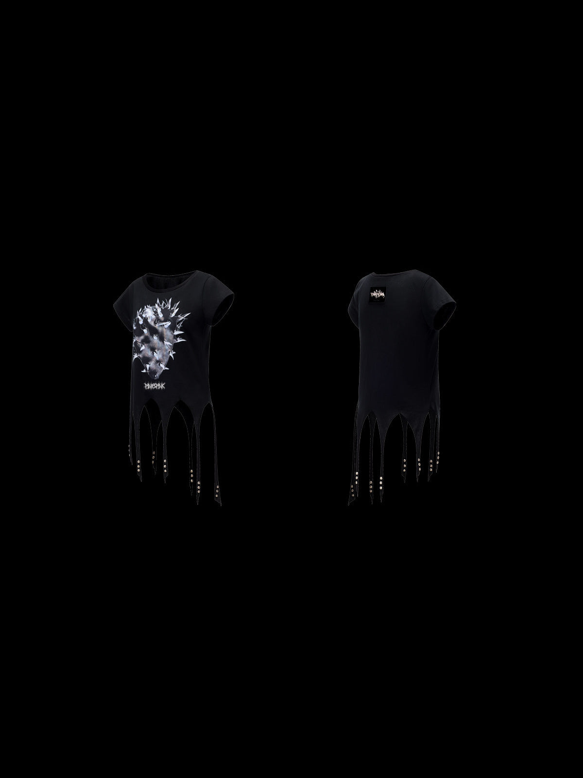 PINKSPINK PUNK CACTUS studded pointed-hem tee in black — garment-only front and back comparison on a clean black background