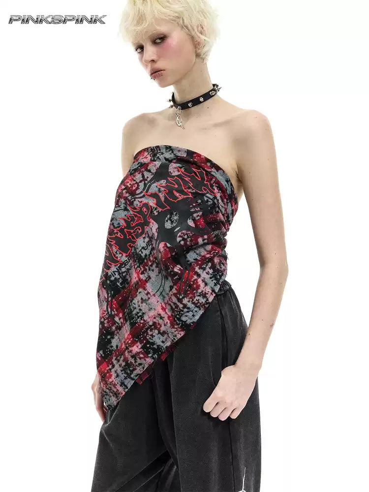 PINKSPINK REMAKE red-plaid bandana top / headscarf — modeled front styling view
