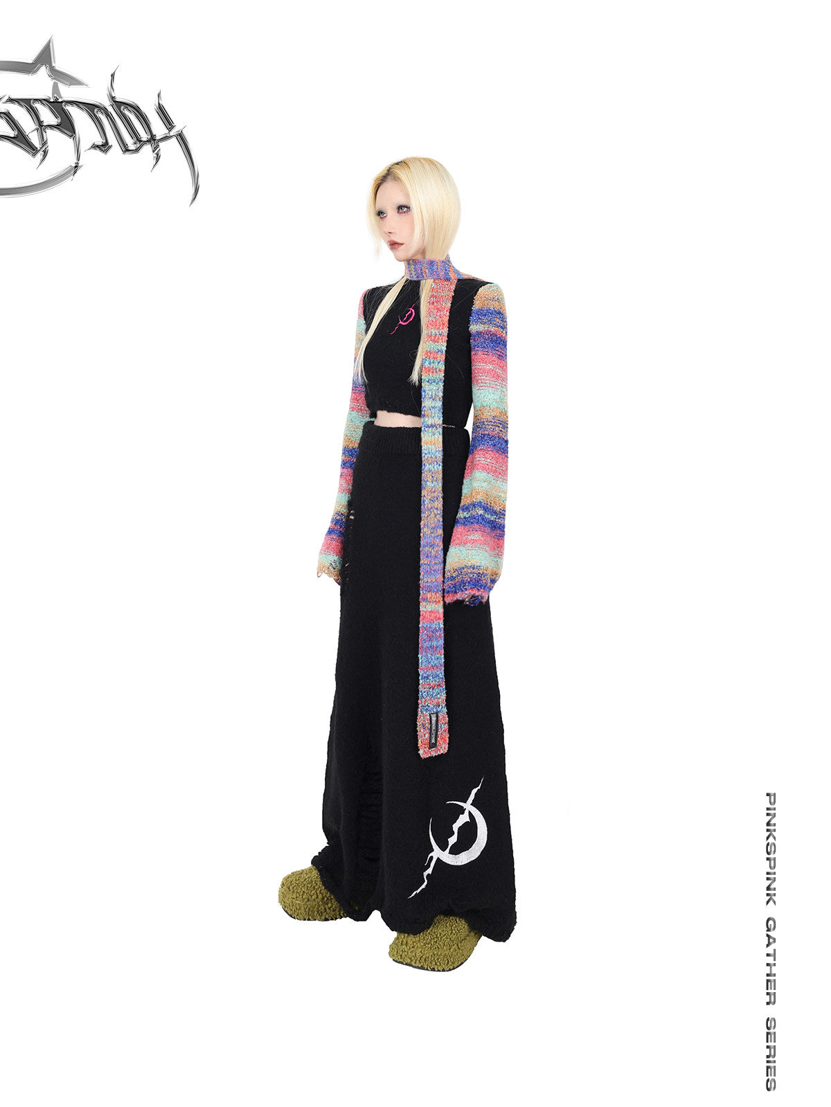 PINKSPINK ELECTRIC MOON rainbow-sleeve cropped sweater with scarf — angled modeled view with the scarf wrapped at the neck