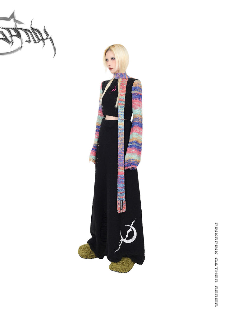 PINKSPINK ELECTRIC MOON rainbow-sleeve cropped sweater with scarf — angled modeled view with the scarf wrapped at the neck