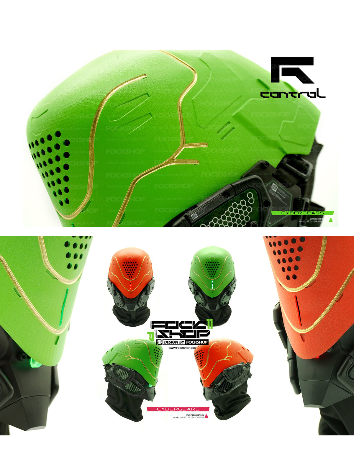 FOCKSHOP PROPHECY anniversary cyber mask — original close-up of lime-green shell texture and gold detailing, with green and orange illuminated front views