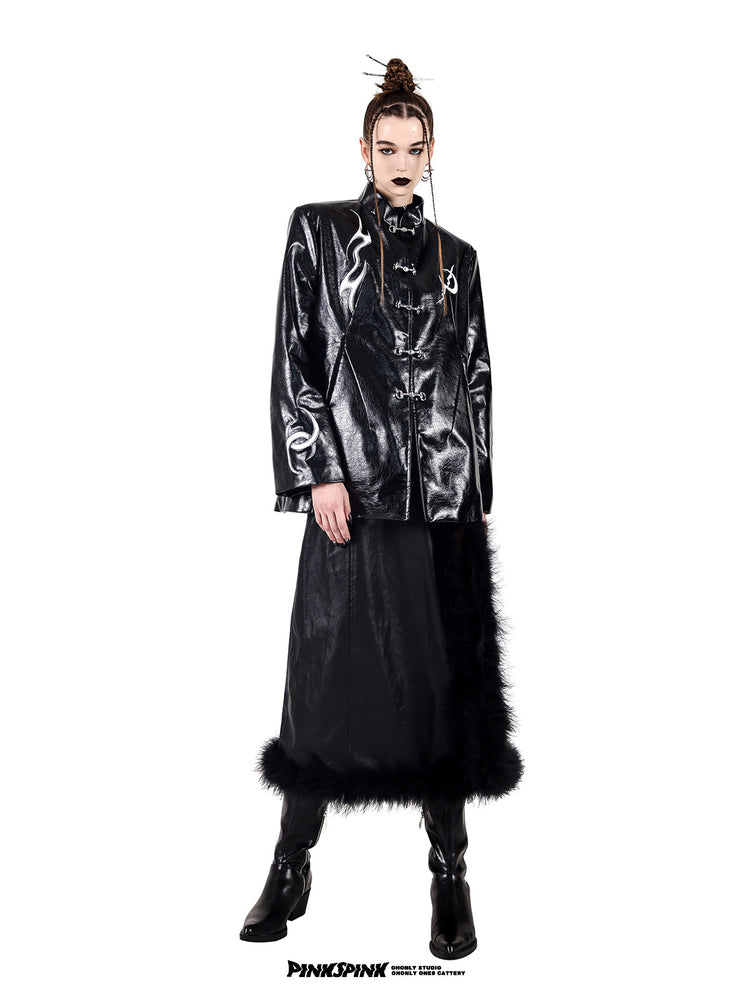 PINKSPINK ELECTRIC MOON embroidered buckle jacket — black full-length front modeled view styled with a fur-trim skirt