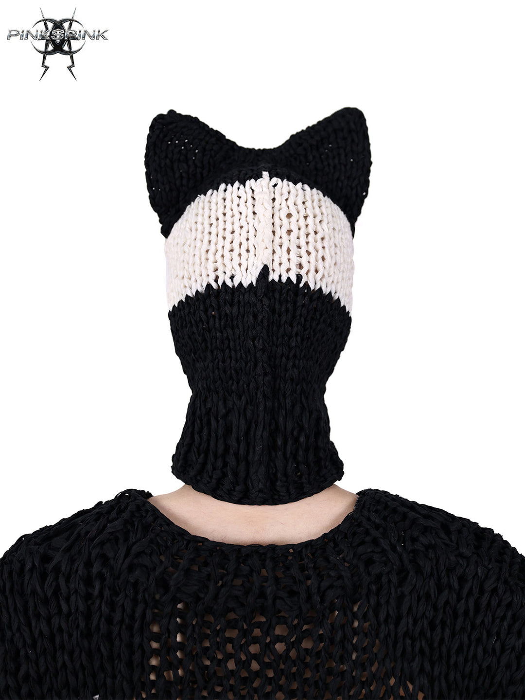 PINKSPINK MIRROR striped open-knit padded-shoulder sweater in black white stripes — opposite-profile shoulder detail with the matching balaclava