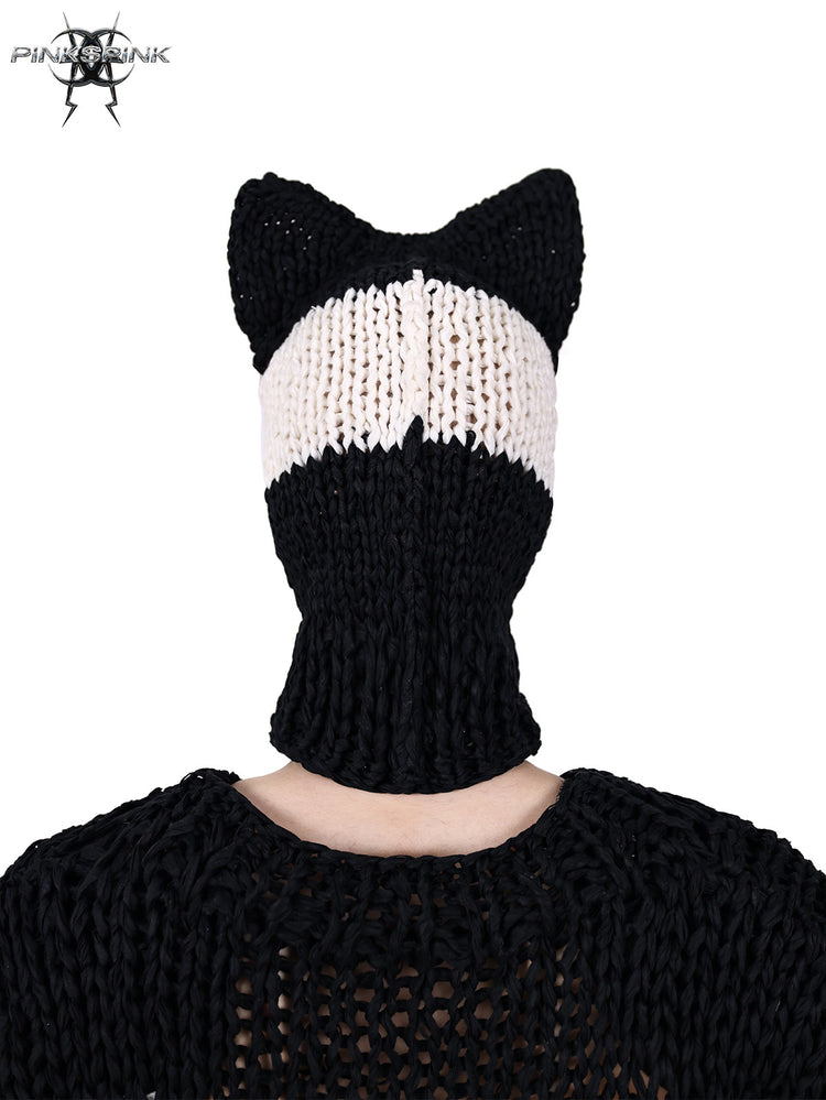 PINKSPINK MIRROR striped cat-ear knit balaclava in black white stripes — rear modeled close-up showing the striped knit