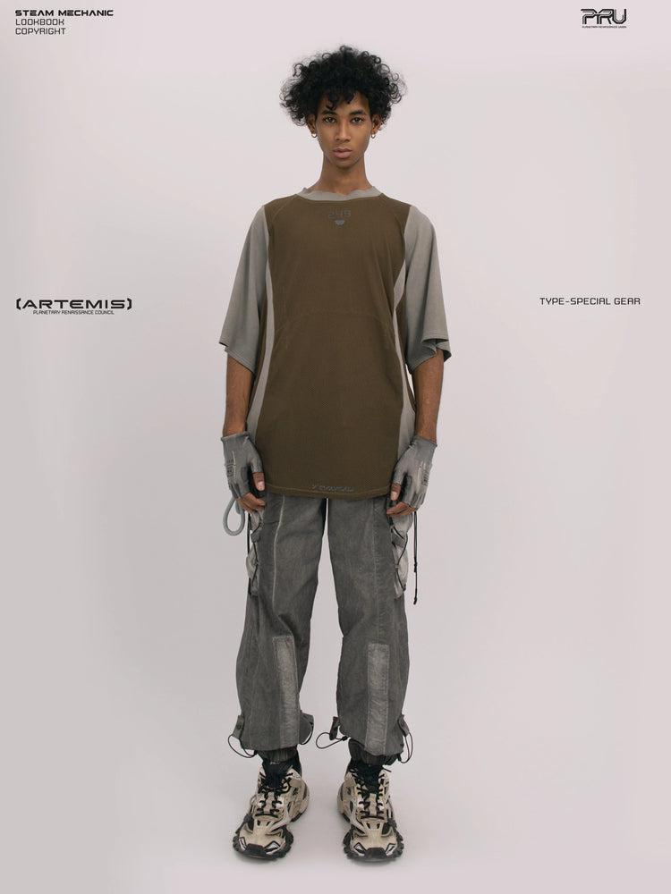 STARFIELD WELDER steel tundra distressed mesh tee — full-length front modeled view