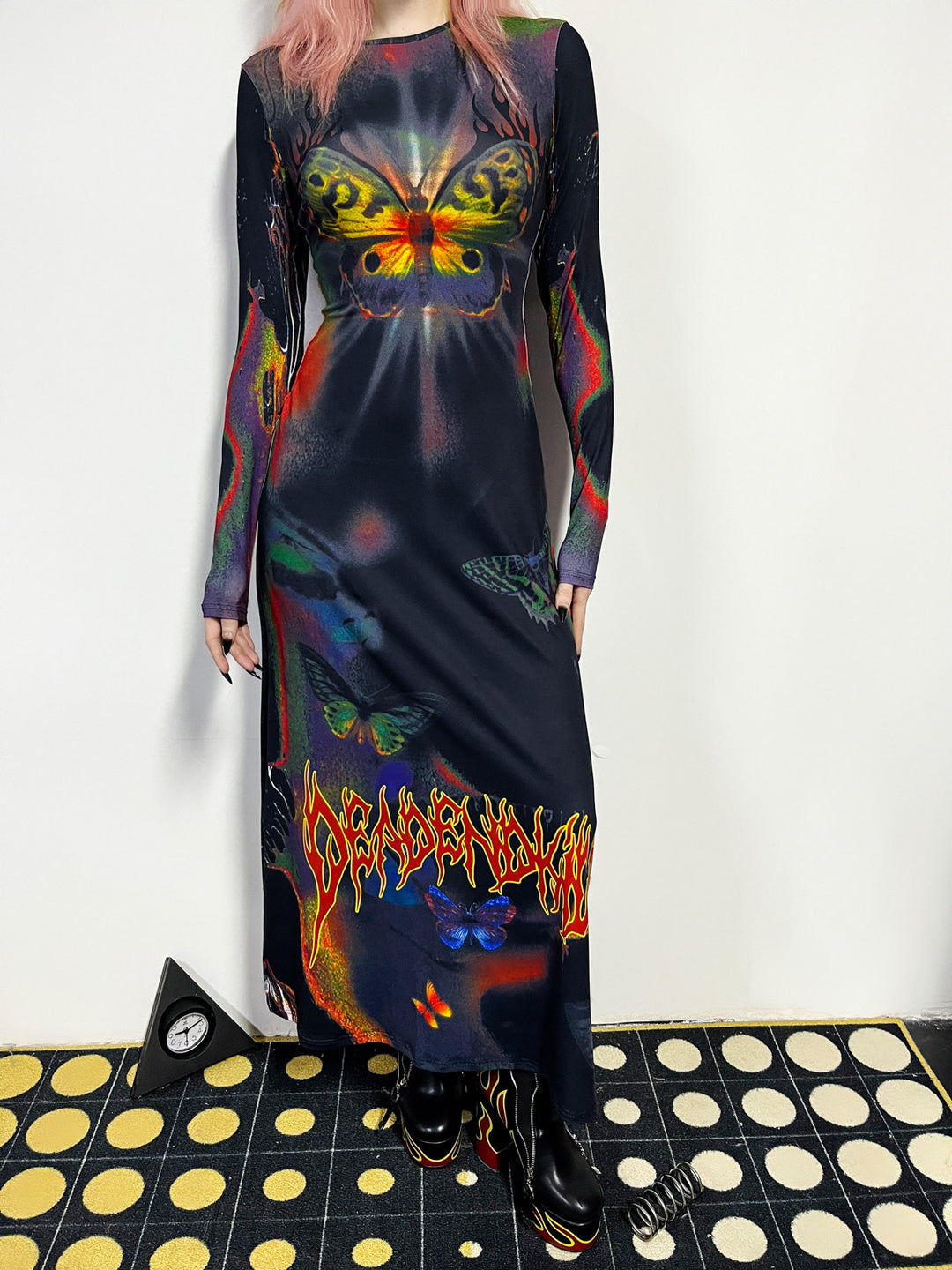 DEADENDKIDS BUTTERFLY GOTH fitted long-sleeve maxi dress — material and print detail