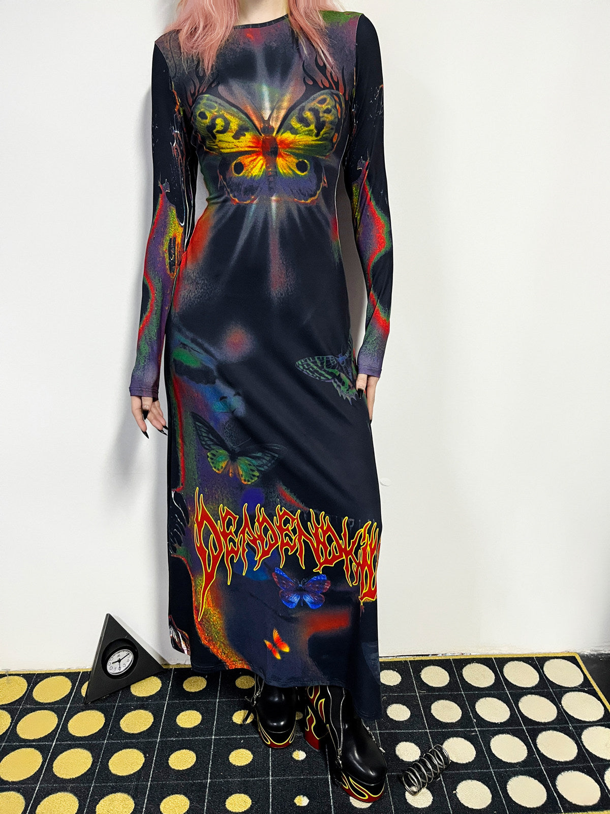 DEADENDKIDS BUTTERFLY GOTH fitted long-sleeve maxi dress — material and print detail