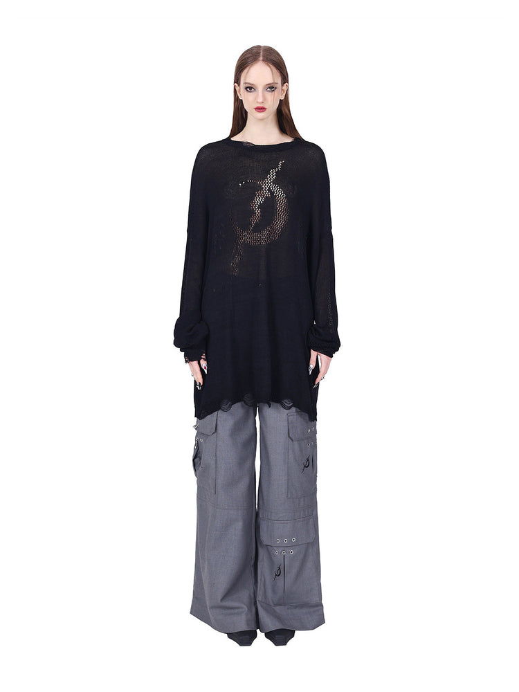 PINKSPINK ELECTRIC MOON distressed open-knit sweater in black — straight-on loose front view with sleeves gathered at the wrists